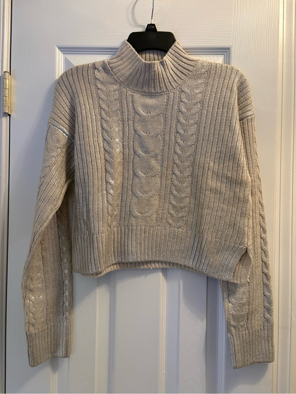 Every Cable-Knit Mock Neck Sweater - Cream and Mettalic